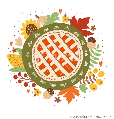 Thanksgiving plate with thanksgiving pie, fall maple leaves, sunflower, berry isolated decorative element Happy Thanksgiving traditional dinner. Vector pumpkin pie food illustration. Thanksgiving plate with thanksgiving pie, fall maple leaves, sunflower, berry isolated decorative element Happy Thanksgiving traditional dinner. Vector pumpkin pie food illustration. 96213887