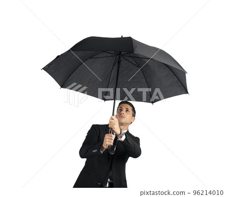 Businessman with umbrella. Concept of crisis. Isolated on white background 96214010