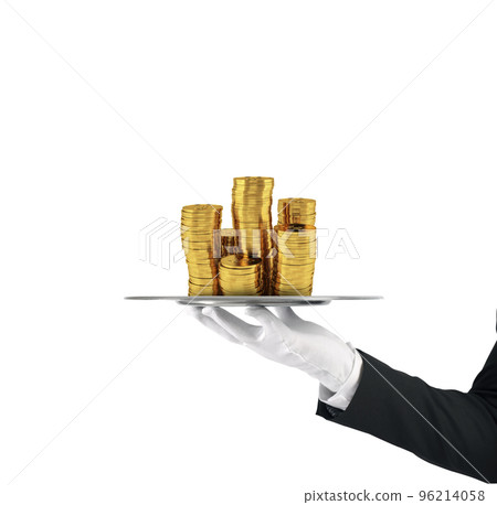 Waiter that holds a tray with golden coins. Concept of first class service on soccer Waiter that holds a tray with golden coins. Concept of first class service on soccer 96214058