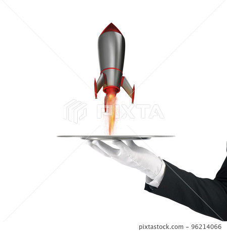 Waiter that holds a tray with a rocket ready to start. Concept of startup 96214066