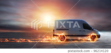 Super fast delivery of package service with van with wheels on fire 96214120