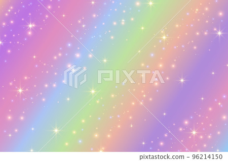 Rainbow fantasy background. Holographic illustration in pastel colors. Cute cartoon girly background. Bright multicolored sky with stars. Vector. 96214150