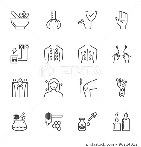 Traditional thai medical and massage icon set. Elements for design, Vector line icon on white background. Traditional thai medical and massage icon set. Elements for design, Vector line icon on white background. 96214312