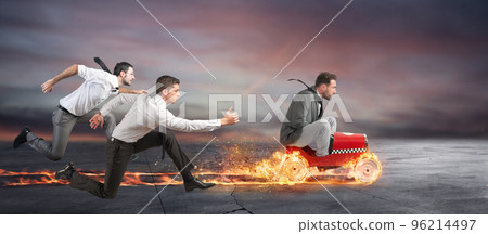 Fast businessman with a car wins against the competitors. Concept of success and competition Fast businessman with a car wins against the competitors. Concept of success and competition 96214497