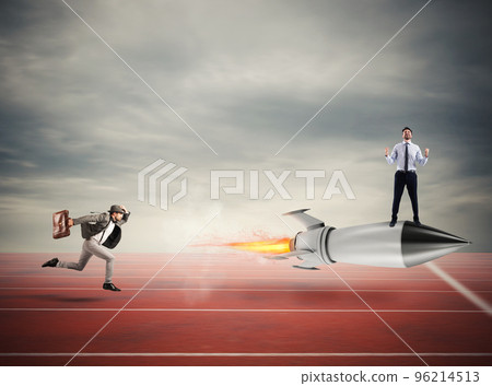 Winner businessman over a fast rocket. Concept of business competition Winner businessman over a fast rocket. Concept of business competition 96214513