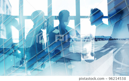 Take off of an aircraft with double exposure of airport Take off of an aircraft with double exposure of airport 96214538