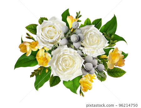 Beautiful bouquet of flowers with roses, freesias and brunia isolated 96214750