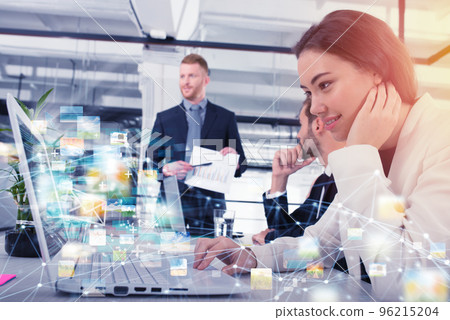 Businesswoman shares online document with a fast internet connection 96215204