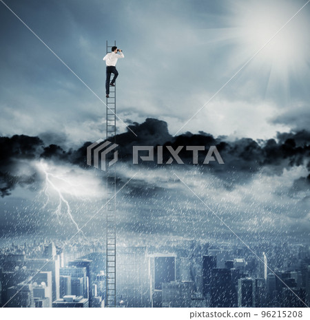 Businessman on a ladder escapes from crisis and looking for a new way 96215208