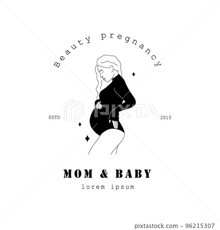 Logo for maternity hospital. Logotype with pregnant woman in linear style. Pregnancy and motherhood. Modern vector hand drawn illustration. Clinic center and health care 96215307