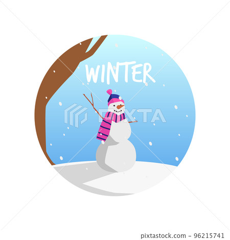 Round shape with snowman in hat and scarf flat style Round shape with snowman in hat and scarf flat style 96215741