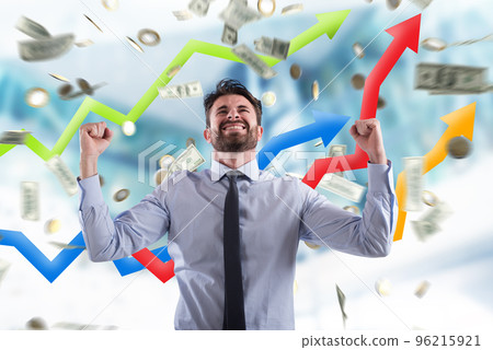Happy businessman with growth exponential gain statistics Happy businessman with growth exponential gain statistics 96215921