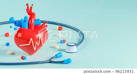 3d rendering concept healthcare and medical illustration. Heart with stethoscope and pills on light blue background. 3d rendering concept healthcare and medical illustration. Heart with stethoscope and pills on light blue background. 96215931