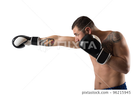 Confident boxer with fiery boxing gloves Confident boxer with fiery boxing gloves 96215945