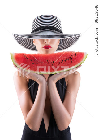 Summertime concept with girl and watermelon Summertime concept with girl and watermelon 96215946