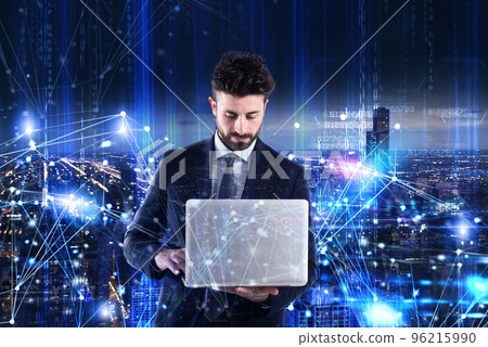 Man working on a laptop. Concept of software analysis 96215990