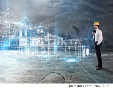 Businessman Architect analyzes a project of a building Businessman Architect analyzes a project of a building 96216048