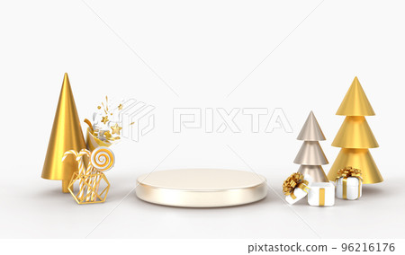 Podium with Christmas trees, gift boxes, candy canes, party popper and confetti, 3d render. Mock up empty stage, platform with white and gold New Year decoration for display product Podium with Christmas trees, gift boxes, candy canes, party popper and confetti, 3d render. Mock up empty stage, platform with white and gold New Year decoration for display product 96216176