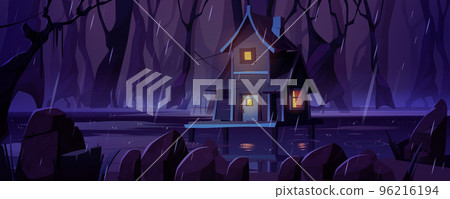 Fantasy landscape wooden stilt house on swamp 96216194