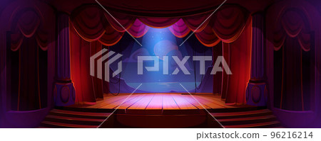 Theater stage with red curtains, spotlights, decor 96216214