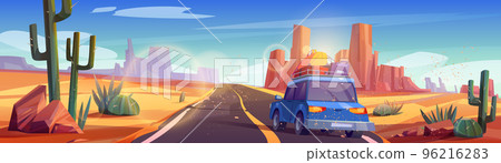 Car with baggage on top driving desert road Car with baggage on top driving desert road 96216283