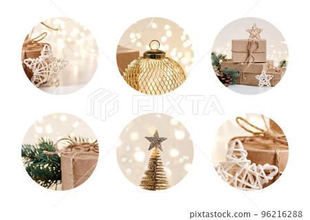 Round Christmas stickers set cut out on white, golden beige colors. Christmas zero waste, boxing day and winter holidays Round Christmas stickers set cut out on white, golden beige colors. Christmas zero waste, boxing day and winter holidays 96216288