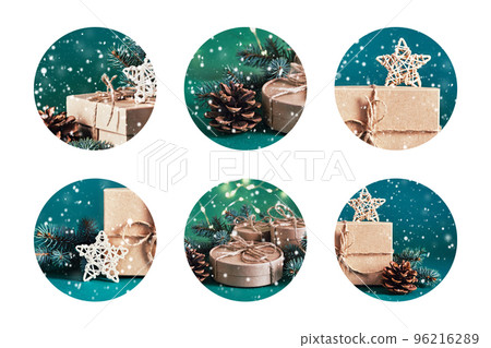 Round Christmas stickers set cut out on white, blue green colors. Christmas zero waste, boxing day and winter holidays Round Christmas stickers set cut out on white, blue green colors. Christmas zero waste, boxing day and winter holidays 96216289