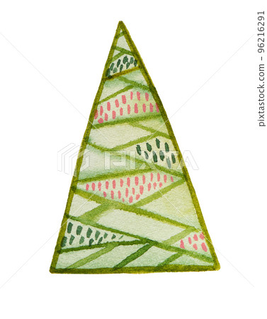 Watercolor cartoon christmas tree with needles. Hand drawn illustration in pink green colors Watercolor cartoon christmas tree with needles. Hand drawn illustration in pink green colors 96216291