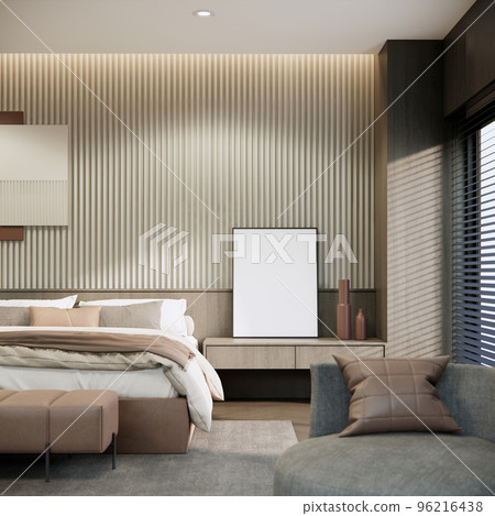 Mockup apartment, 3d rendering bedroom interior design and decoration with grey and beige color bedding sheet, grey fabric sofa empty photo frame on wall, sunlight from blinds window. Mockup apartment, 3d rendering bedroom interior design and decoration with grey and beige color bedding sheet, grey fabric sofa empty photo frame on wall, sunlight from blinds window. 96216438