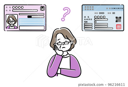 一位資深女士正在考慮整合我的號碼卡和健康保險卡的插圖 96216611