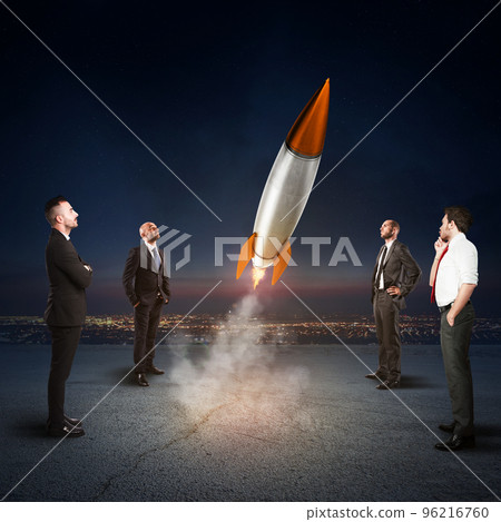 Team of businesspeople looks start a missile. Concept of company startup and new business. 3D Rendering. Team of businesspeople looks start a missile. Concept of company startup and new business. 3D Rendering. 96216760