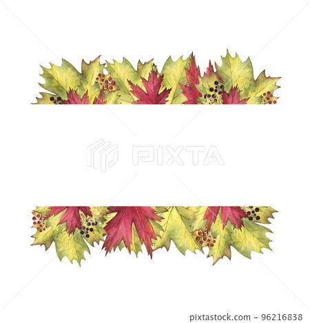 Border Autumn maple, poplar leaves and berries watercolor isolated on white. Hand drawn illustration Border Autumn maple, poplar leaves and berries watercolor isolated on white. Hand drawn illustration 96216838