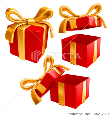 Red Gift Box With Golden Bow Set Open And Closed Red Gift Box With Golden Bow Set Open And Closed 96217023