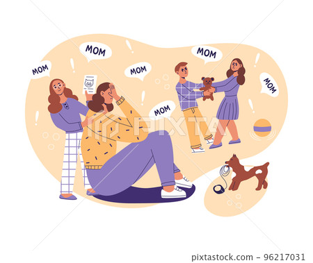 frustrated, depressed mom, problems of motherhood. Naghty children do not give rest for a minute. Exhausted women tired of noisy active playful kids.Hard paenting with many children flat illustration 96217031