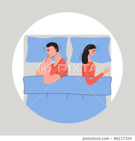 Sexual or marital problems, disagreement concept. Young couple lying side by side on the bed and ignoring each other. Flat vector illustration 96217104