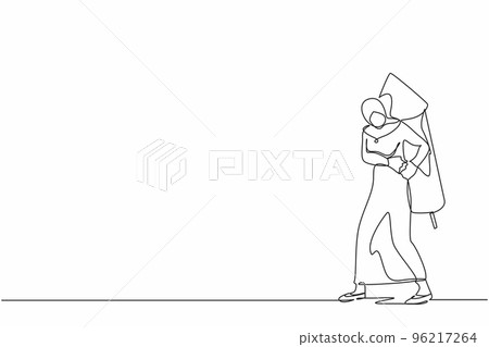 Single one line drawing active Arab businesswoman ignites big fireworks rocket attached to her back. Female employee prepare for project launch. Continuous line draw design graphic vector illustration Single one line drawing active Arab businesswoman ignites big fireworks rocket attached to her back. Female employee prepare for project launch. Continuous line draw design graphic vector illustration 96217264