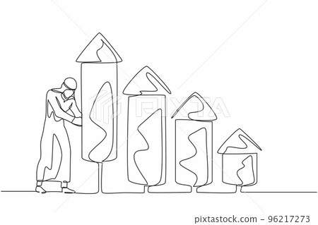 Single continuous line drawing Arab businessman ignite firework rocket bar graph to increase company growth. Boost earnings or economic boom. Dynamic one line draw graphic design vector illustration Single continuous line drawing Arab businessman ignite firework rocket bar graph to increase company growth. Boost earnings or economic boom. Dynamic one line draw graphic design vector illustration 96217273