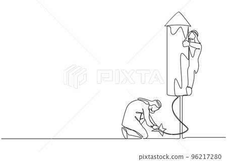 Single one line drawing Arab businessman ignites firework rocket while his teammates prepare to fly on the rocket. Business leadership metaphor. Continuous line draw design graphic vector illustration Single one line drawing Arab businessman ignites firework rocket while his teammates prepare to fly on the rocket. Business leadership metaphor. Continuous line draw design graphic vector illustration 96217280