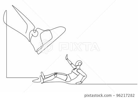 Continuous one line drawing robot under giant foot. Big boss foot in the shoe going to crush tech. Humanoid robot cybernetic organism. Future robotic. Single line design vector graphic illustration Continuous one line drawing robot under giant foot. Big boss foot in the shoe going to crush tech. Humanoid robot cybernetic organism. Future robotic. Single line design vector graphic illustration 96217282