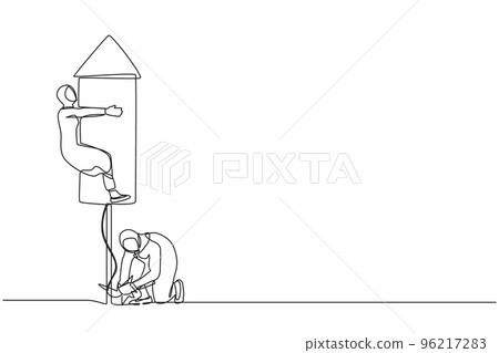 Single one line drawing Arab businesswoman ignites fireworks rocket while her teammates prepare to fly on the rocket. Business transformation metaphor. Continuous line draw design vector illustration Single one line drawing Arab businesswoman ignites fireworks rocket while her teammates prepare to fly on the rocket. Business transformation metaphor. Continuous line draw design vector illustration 96217283