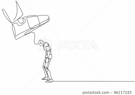 Single one line drawing robot standing weak under huge boot shoe, being fired from company. Future technology development. Artificial intelligence. Continuous line design graphic vector illustration 96217285