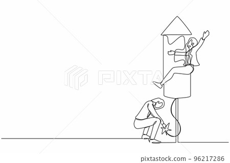 Continuous one line drawing businesswoman ignites fireworks rocket while her teammates prepare to fly on the rocket. Business innovation metaphor. Single line draw design vector graphic illustration 96217286