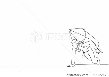 Single one line drawing businessman with rocket on back stand on start ready for business race. Excited motivated employee prepare for project launch. Continuous line draw design vector illustration Single one line drawing businessman with rocket on back stand on start ready for business race. Excited motivated employee prepare for project launch. Continuous line draw design vector illustration 96217287