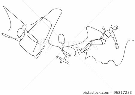 Continuous one line drawing of robot kicked out by big foot from chair. Staff reduction. Humanoid cybernetic organism. Future robotic development. Single line draw design vector graphic illustration 96217288