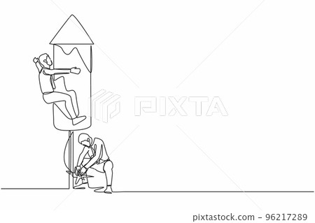 Single continuous line drawing businessman ignites a fireworks rocket while his teammates prepare to fly on the rocket. Business motivation metaphor. One line draw graphic design vector illustration Single continuous line drawing businessman ignites a fireworks rocket while his teammates prepare to fly on the rocket. Business motivation metaphor. One line draw graphic design vector illustration 96217289