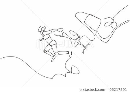 Continuous one line drawing small robot kicked out by big foot. Robot kicked away from chair by giant feet. Humanoid robotic cybernetic organism. Single line draw design vector graphic illustration Continuous one line drawing small robot kicked out by big foot. Robot kicked away from chair by giant feet. Humanoid robotic cybernetic organism. Single line draw design vector graphic illustration 96217291