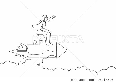 Continuous one line drawing of attractive businesswoman flying high riding firework rocket. Ready to transformation and launching new idea startup business. Single line draw design vector illustration Continuous one line drawing of attractive businesswoman flying high riding firework rocket. Ready to transformation and launching new idea startup business. Single line draw design vector illustration 96217306