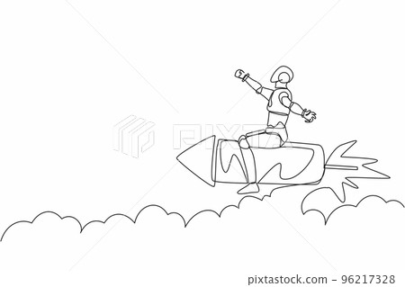 Single one line drawing robot flying high riding firework rocket. Future technology development. Artificial intelligence machine learning processes. Continuous line design graphic vector illustration Single one line drawing robot flying high riding firework rocket. Future technology development. Artificial intelligence machine learning processes. Continuous line design graphic vector illustration 96217328