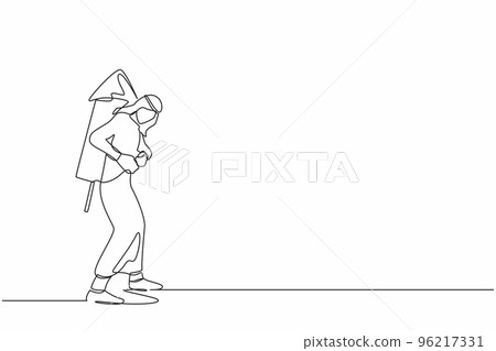 Single continuous line drawing Arab businessman ignites large fireworks rocket attached to his back. Male manager ready to boost business to win competition. One line draw design vector illustration Single continuous line drawing Arab businessman ignites large fireworks rocket attached to his back. Male manager ready to boost business to win competition. One line draw design vector illustration 96217331