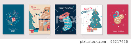Merry Christmas and Happy New Year 2023 brochure covers set. Xmas minimal banner design with holiday symbols, tree, gift, holly twig, stocking. Vector illustration for flyer, poster or greeting card. 96217426